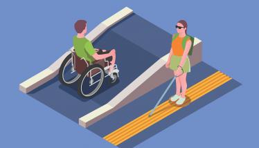 Barrieren für Rollstuhlfahrer und blinde Frau